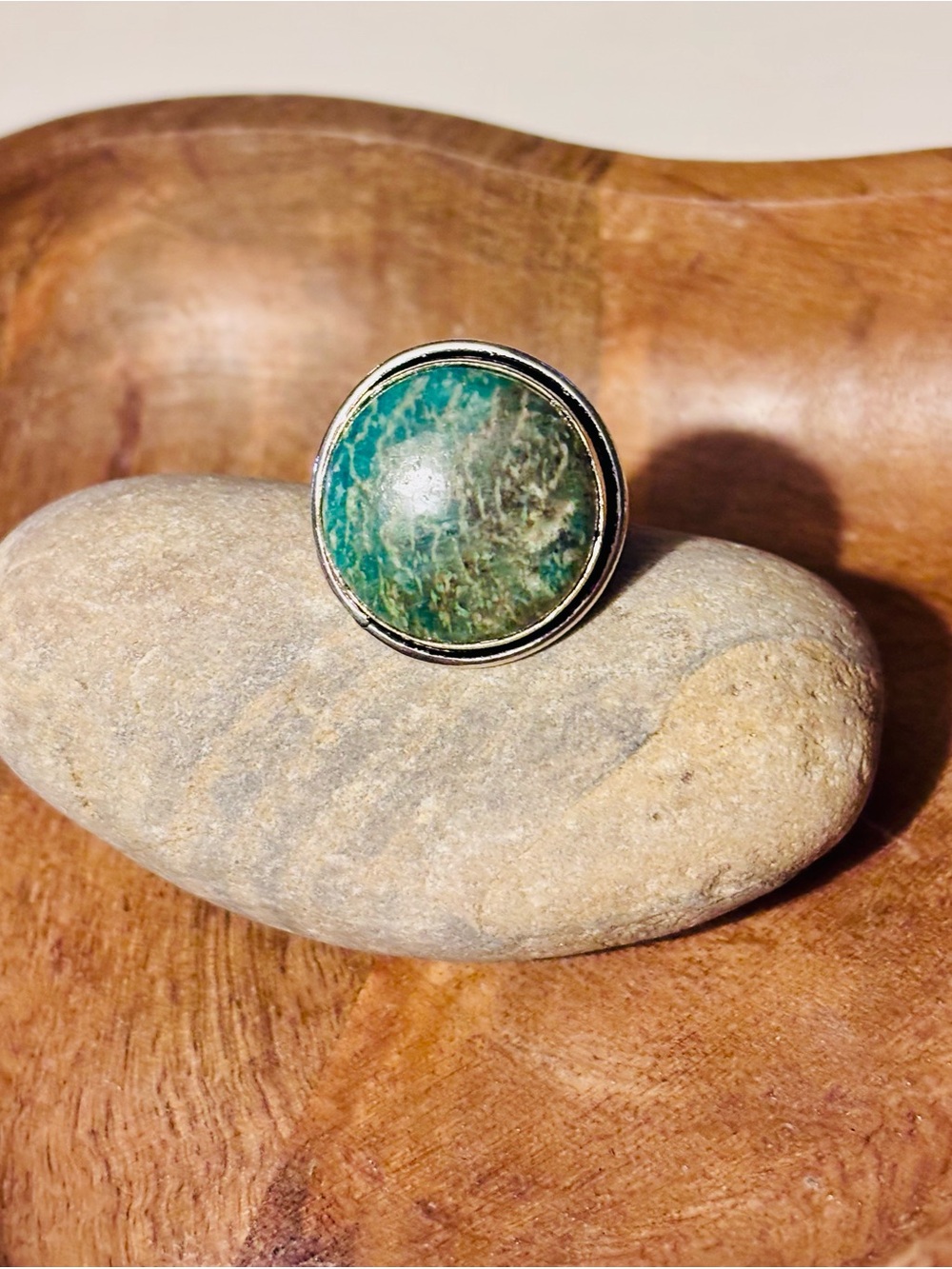 Green Jasper Sterling Silver Plated Boho Earthy Round Gemstone Ring | Size 8